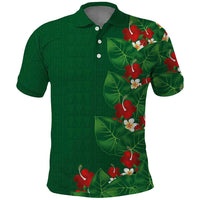 Hawaiian Taro Leaves-Hibiscus and Plumeria Polo Shirt Polynesian Art-Kakau Tattoo Green LT03 Green - Polynesian Pride