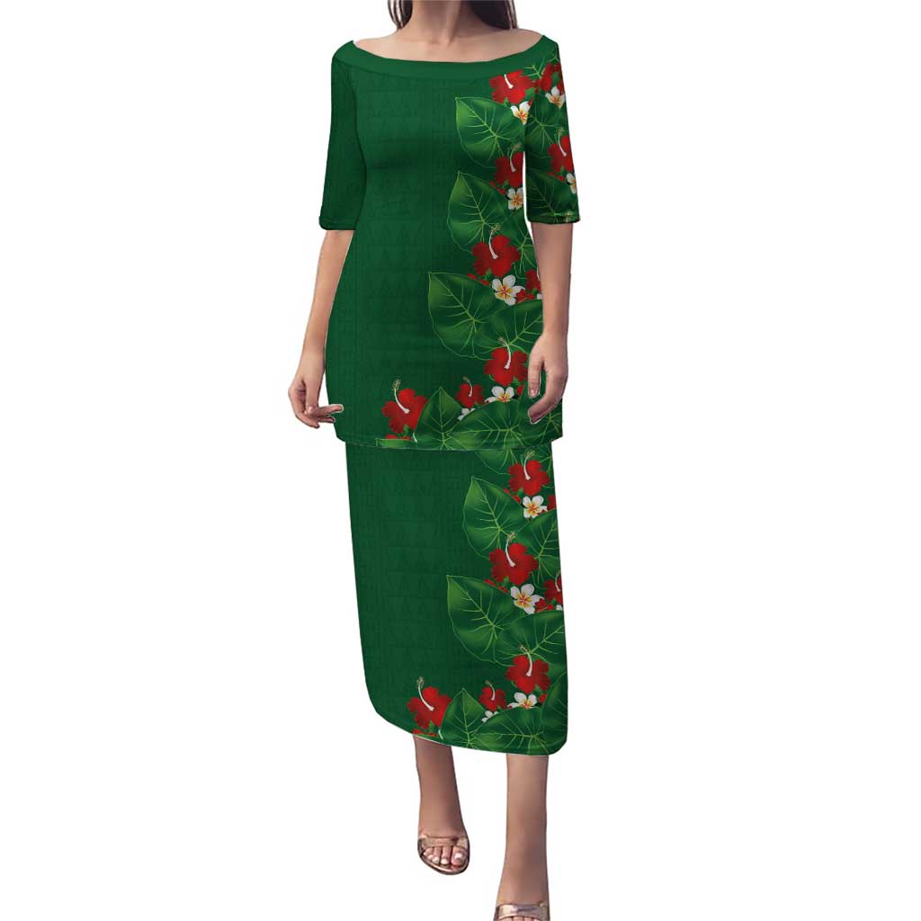 Hawaiian Taro Leaves-Hibiscus and Plumeria Puletasi Polynesian Art-Kakau Tattoo Green LT03 Long Dress Green - Polynesian Pride