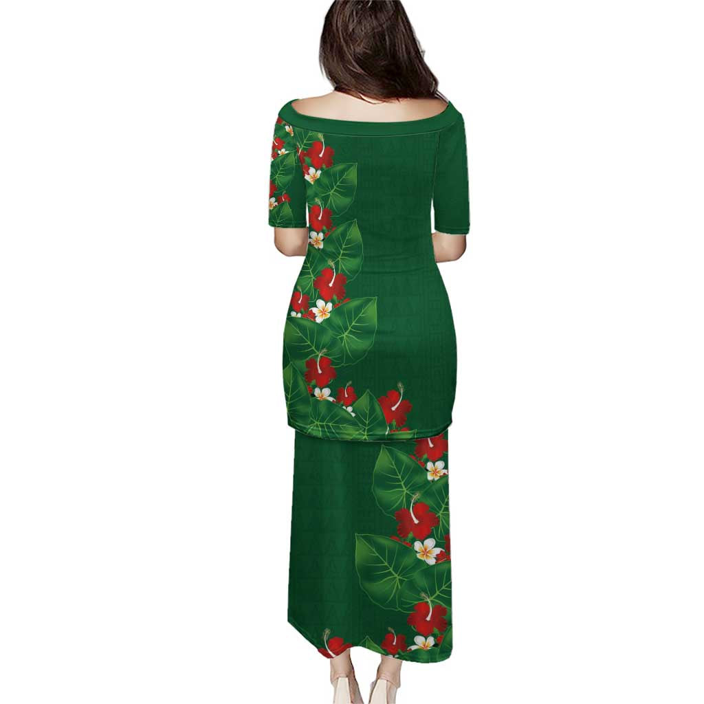 Hawaiian Taro Leaves-Hibiscus and Plumeria Puletasi Polynesian Art-Kakau Tattoo Green LT03 - Polynesian Pride