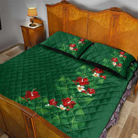 Hawaiian Taro Leaves-Hibiscus and Plumeria Quilt Bed Set Polynesian Art-Kakau Tattoo Green