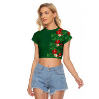 Hawaiian Taro Leaves-Hibiscus and Plumeria Raglan Cropped T Shirt Polynesian Art-Kakau Tattoo Green LT03 Female Green - Polynesian Pride