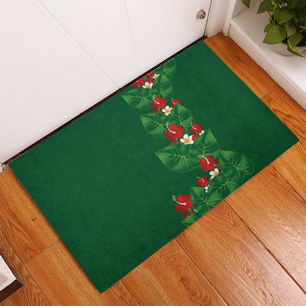 Hawaiian Taro Leaves-Hibiscus and Plumeria Rubber Doormat Polynesian Art-Kakau Tattoo Green