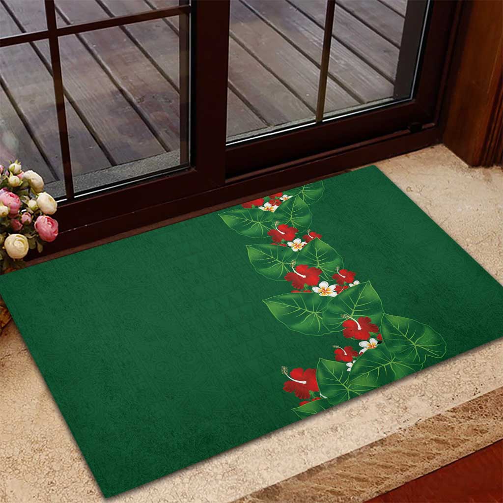 Hawaiian Taro Leaves-Hibiscus and Plumeria Rubber Doormat Polynesian Art-Kakau Tattoo Green