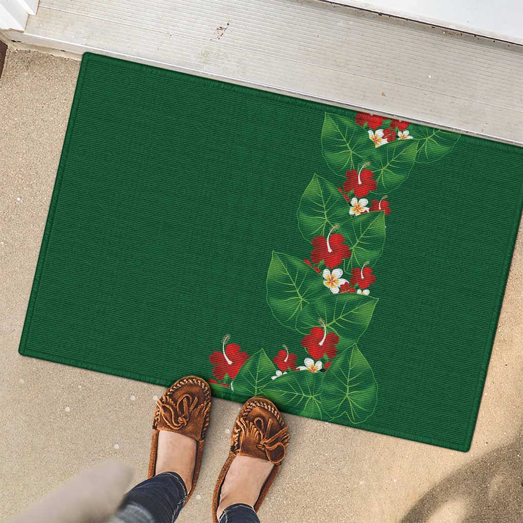 Hawaiian Taro Leaves-Hibiscus and Plumeria Rubber Doormat Polynesian Art-Kakau Tattoo Green