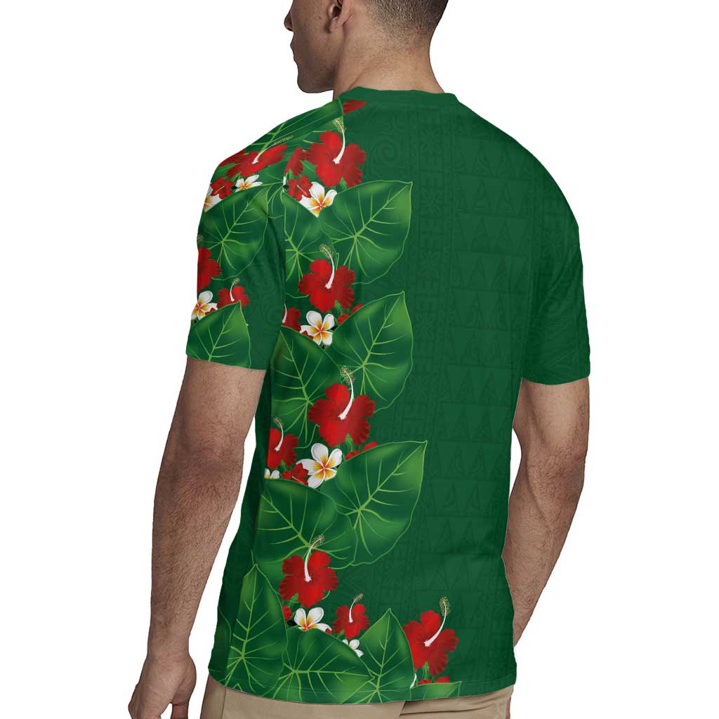 Hawaiian Taro Leaves-Hibiscus and Plumeria Rugby Jersey Polynesian Art-Kakau Tattoo Green LT03 - Polynesian Pride