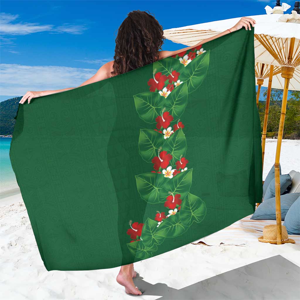 Hawaiian Taro Leaves-Hibiscus and Plumeria Sarong Polynesian Art-Kakau Tattoo Green