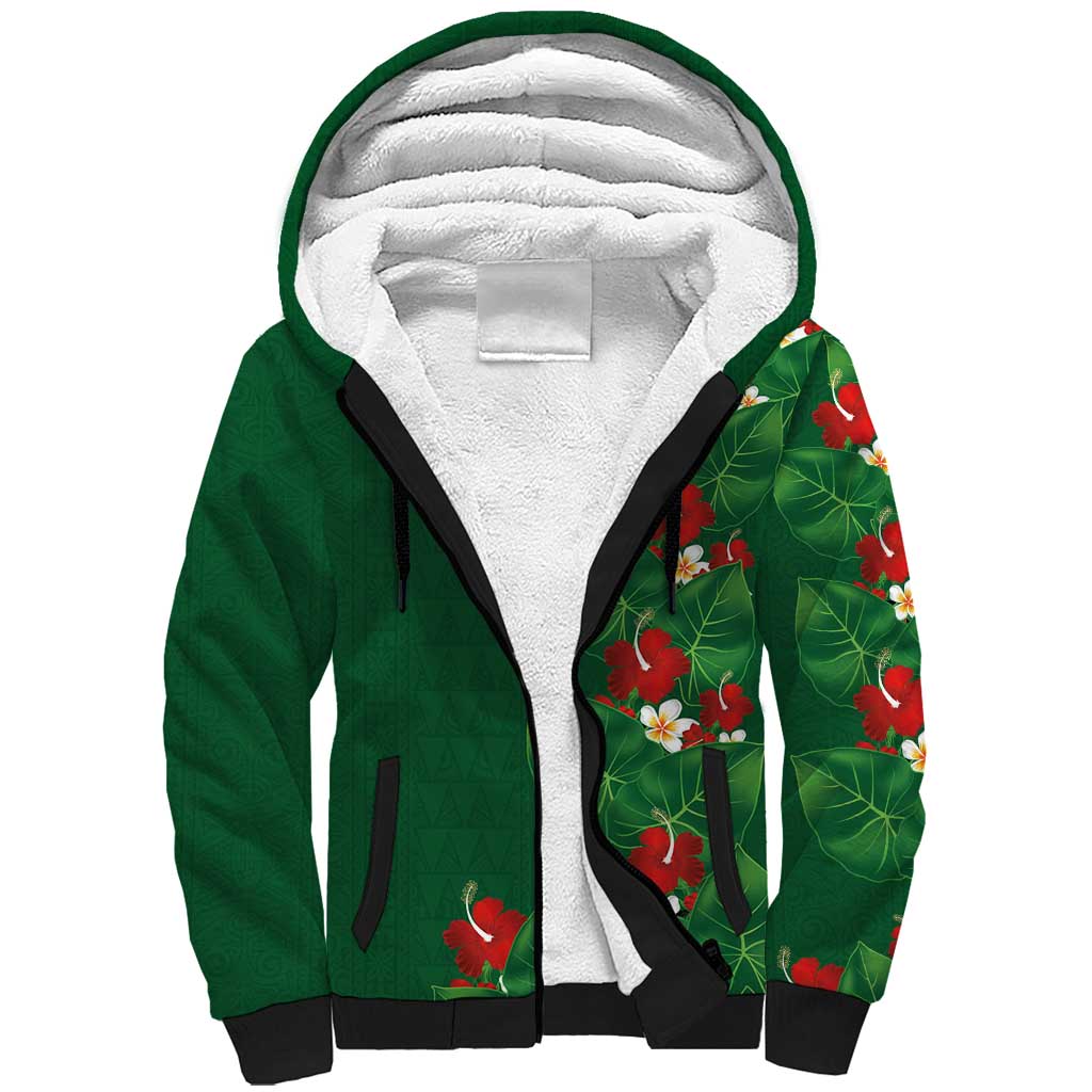 Hawaiian Taro Leaves-Hibiscus and Plumeria Sherpa Hoodie Polynesian Art-Kakau Tattoo Green LT03 Unisex Green - Polynesian Pride