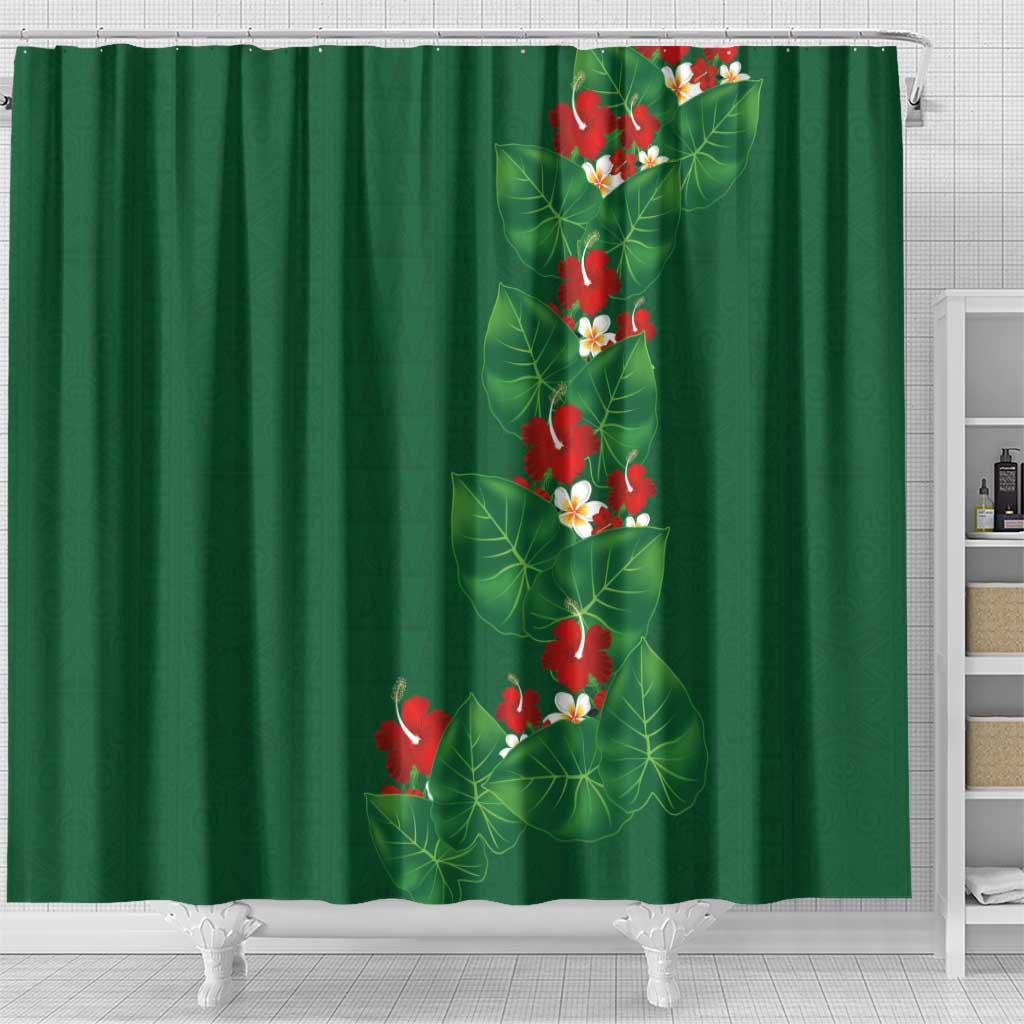 Hawaiian Taro Leaves-Hibiscus and Plumeria Shower Curtain Polynesian Art-Kakau Tattoo Green LT03 - Polynesian Pride