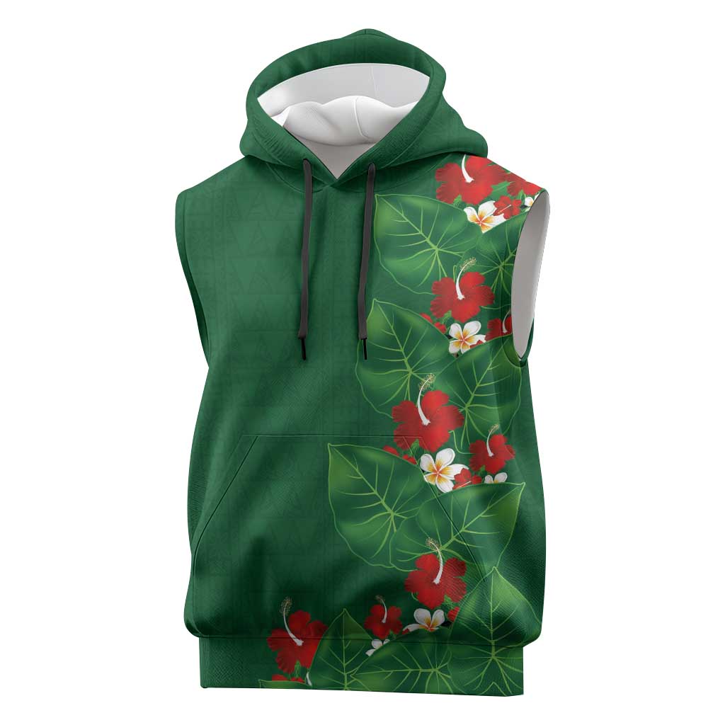 Hawaiian Taro Leaves-Hibiscus and Plumeria Sleeveless Hoodie Polynesian Art-Kakau Tattoo Green LT03 Green - Polynesian Pride