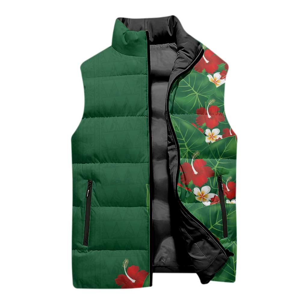 Hawaiian Taro Leaves-Hibiscus and Plumeria Sleeveless Puffer Jacket Polynesian Art-Kakau Tattoo Green