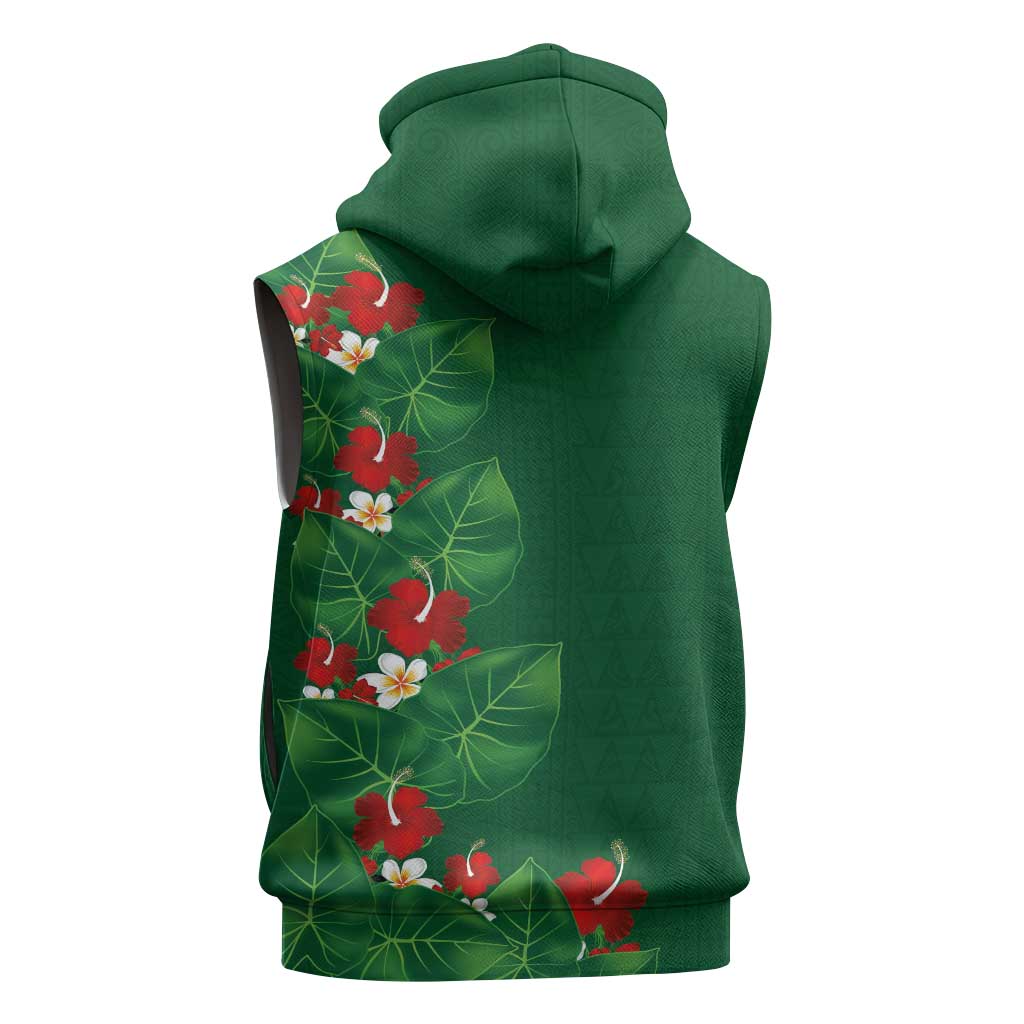 Hawaiian Taro Leaves-Hibiscus and Plumeria Sleeveless Zip Hoodie Polynesian Art-Kakau Tattoo Green LT03 - Polynesian Pride