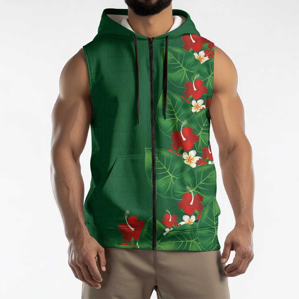 Hawaiian Taro Leaves-Hibiscus and Plumeria Sleeveless Zip Hoodie Polynesian Art-Kakau Tattoo Green LT03 - Polynesian Pride
