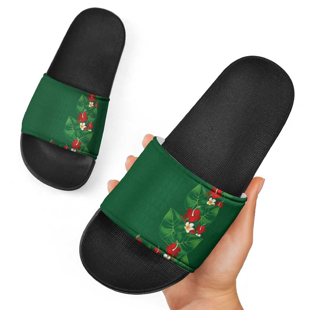Hawaiian Taro Leaves-Hibiscus and Plumeria Slide Sandals Polynesian Art-Kakau Tattoo Green LT03 - Polynesian Pride