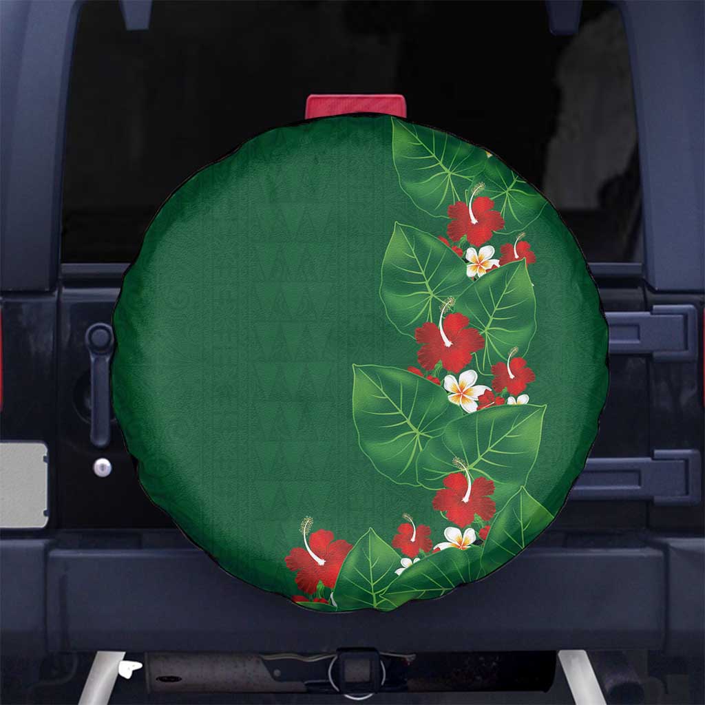 Hawaiian Taro Leaves-Hibiscus and Plumeria Spare Tire Cover Polynesian Art-Kakau Tattoo Green