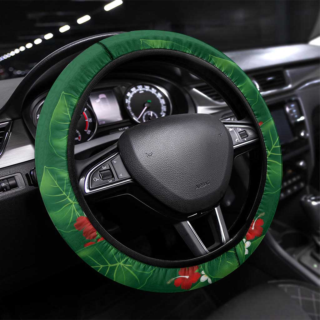 Hawaiian Taro Leaves-Hibiscus and Plumeria Steering Wheel Cover Polynesian Art-Kakau Tattoo Green LT03 Universal Fit Green - Polynesian Pride