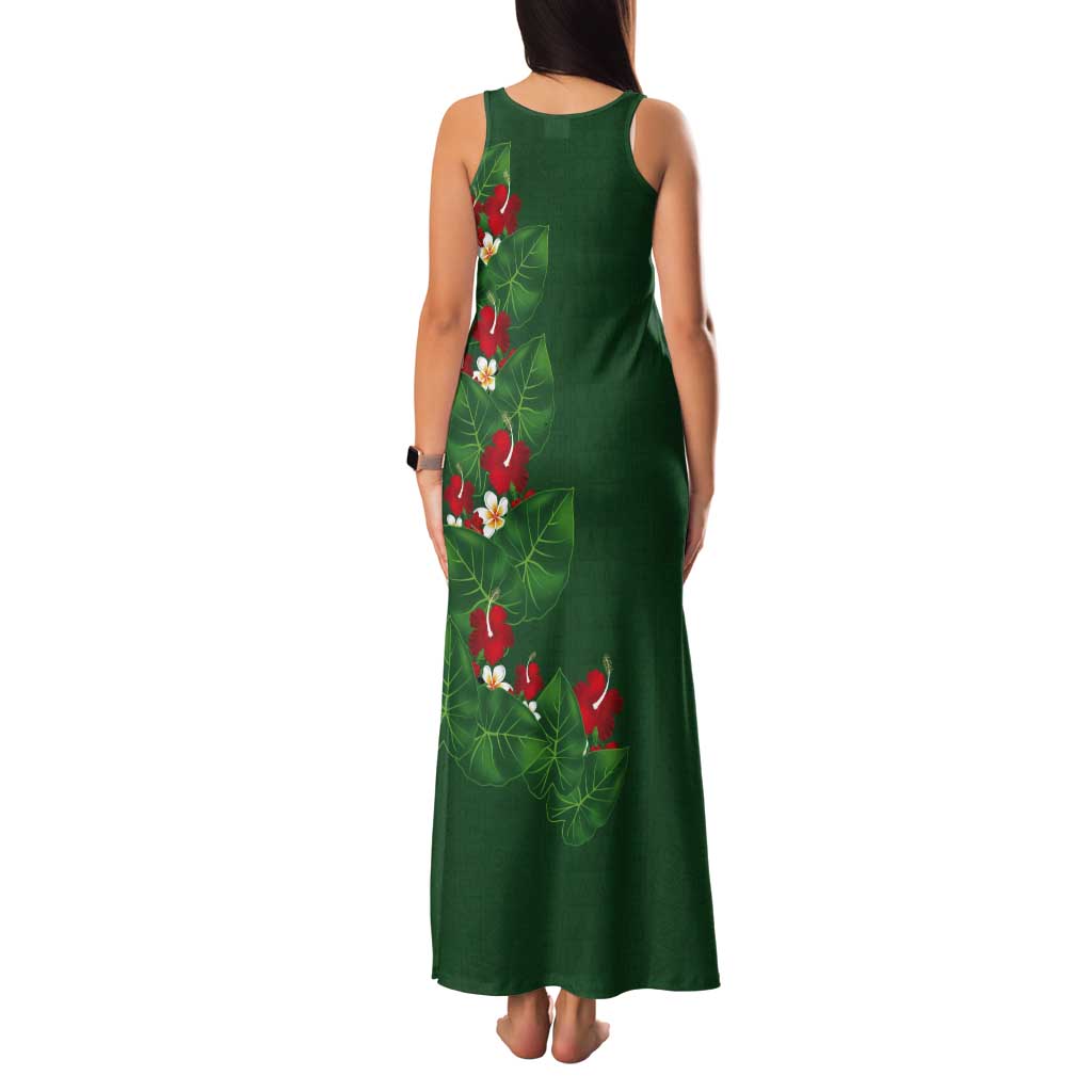 Hawaiian Taro Leaves-Hibiscus and Plumeria Tank Maxi Dress Polynesian Art-Kakau Tattoo Green LT03 - Polynesian Pride