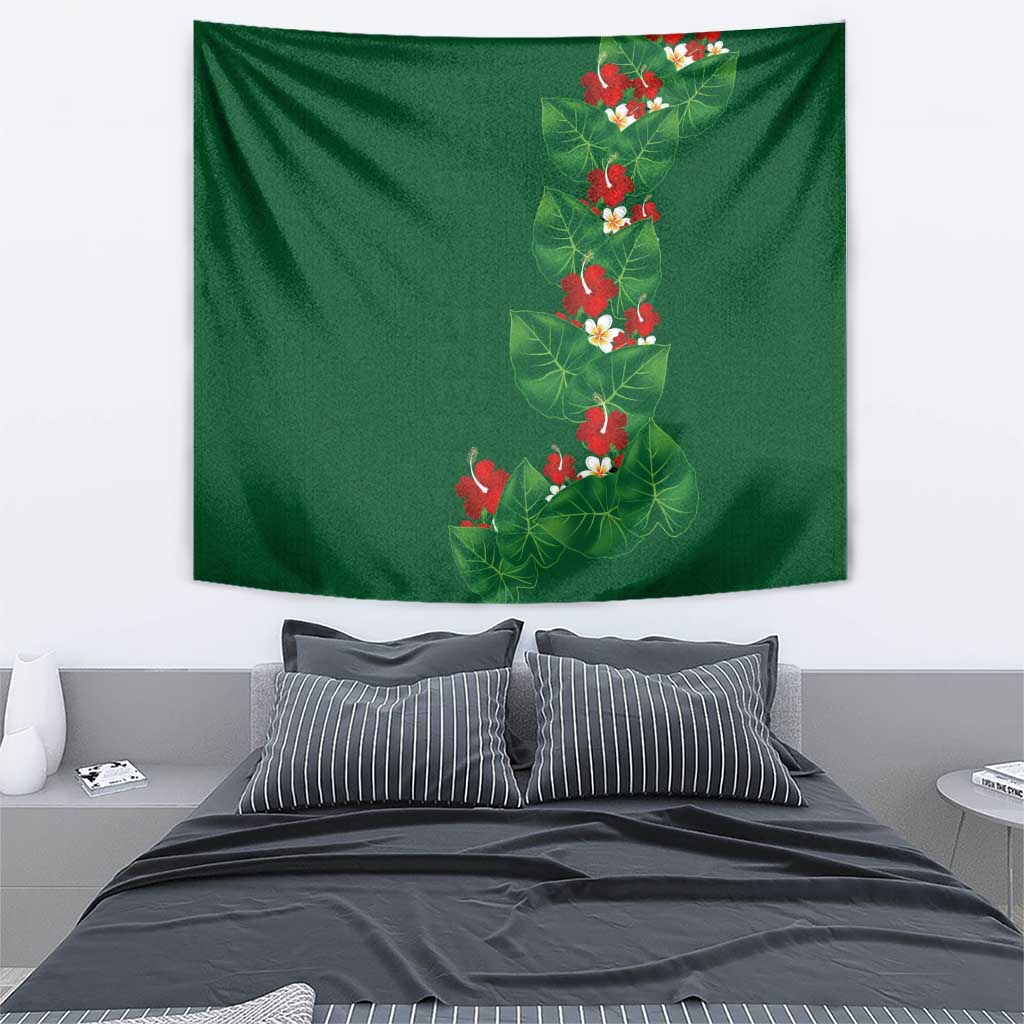 Hawaiian Taro Leaves-Hibiscus and Plumeria Tapestry Polynesian Art-Kakau Tattoo Green