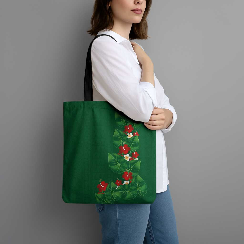 Hawaiian Taro Leaves-Hibiscus and Plumeria Tote Bag Polynesian Art-Kakau Tattoo Green LT03 - Polynesian Pride