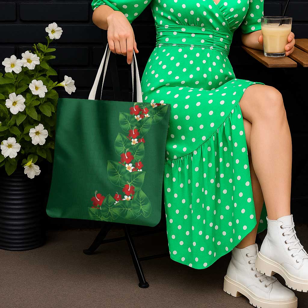 Hawaiian Taro Leaves-Hibiscus and Plumeria Tote Bag Polynesian Art-Kakau Tattoo Green LT03 - Polynesian Pride