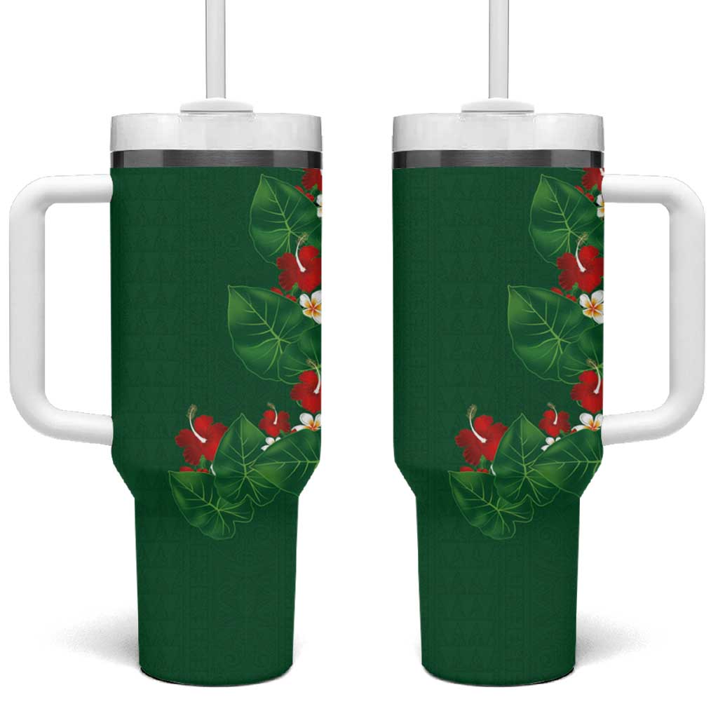 Hawaiian Taro Leaves-Hibiscus and Plumeria Tumbler With Handle Polynesian Art-Kakau Tattoo Green LT03 One Size: 40 oz Green - Polynesian Pride