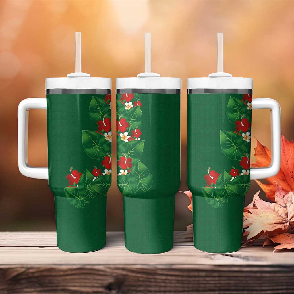 Hawaiian Taro Leaves-Hibiscus and Plumeria Tumbler With Handle Polynesian Art-Kakau Tattoo Green LT03 - Polynesian Pride