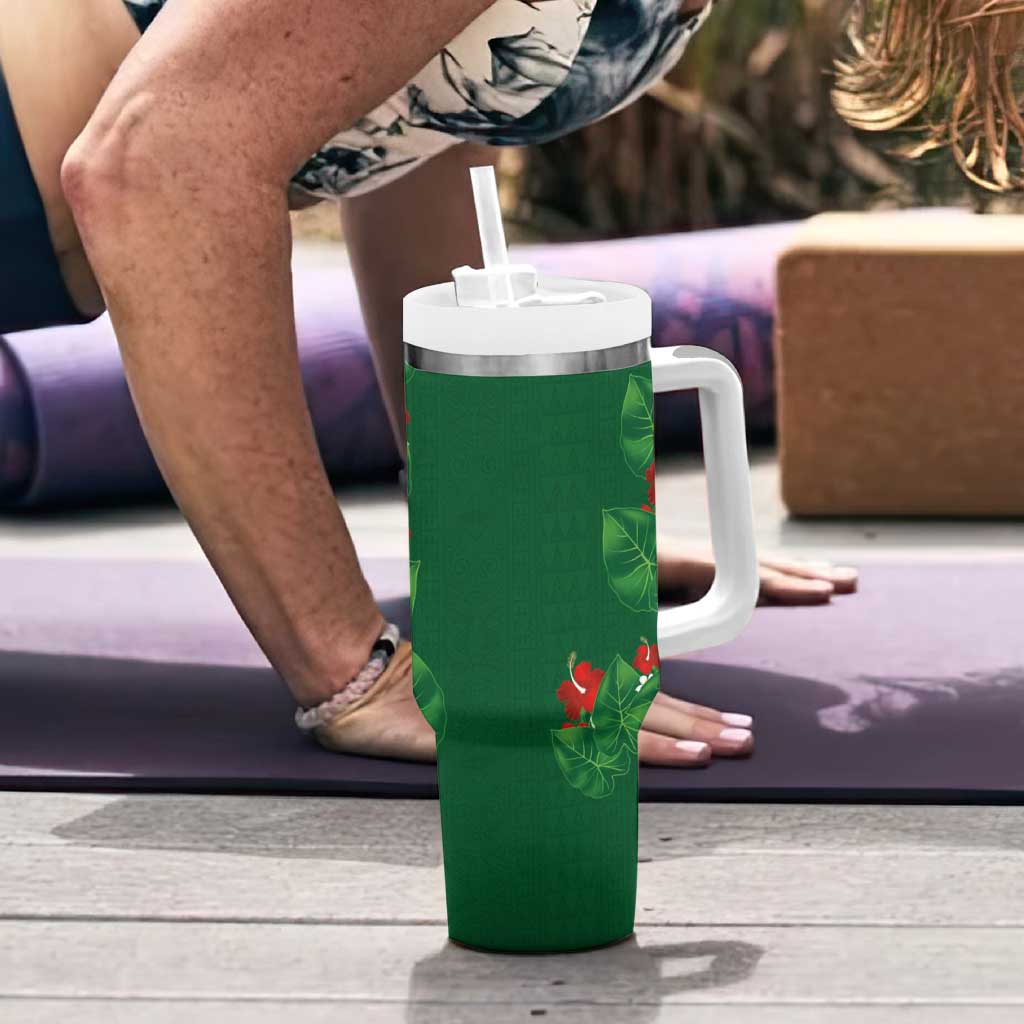 Hawaiian Taro Leaves-Hibiscus and Plumeria Tumbler With Handle Polynesian Art-Kakau Tattoo Green LT03 - Polynesian Pride