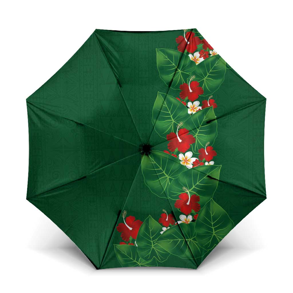 Hawaiian Taro Leaves-Hibiscus and Plumeria Umbrella Polynesian Art-Kakau Tattoo Green