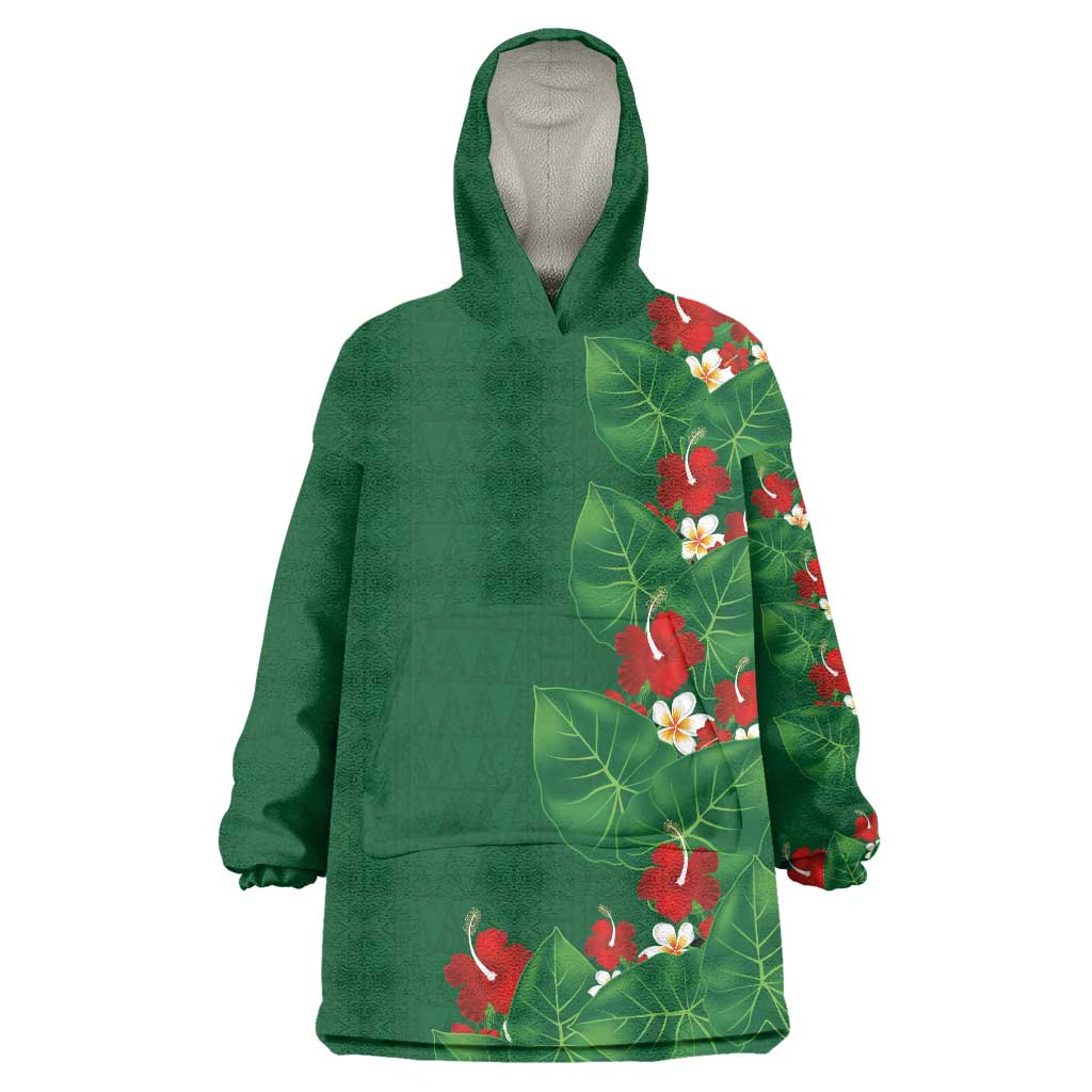 Hawaiian Taro Leaves-Hibiscus and Plumeria Wearable Blanket Hoodie Polynesian Art-Kakau Tattoo Green