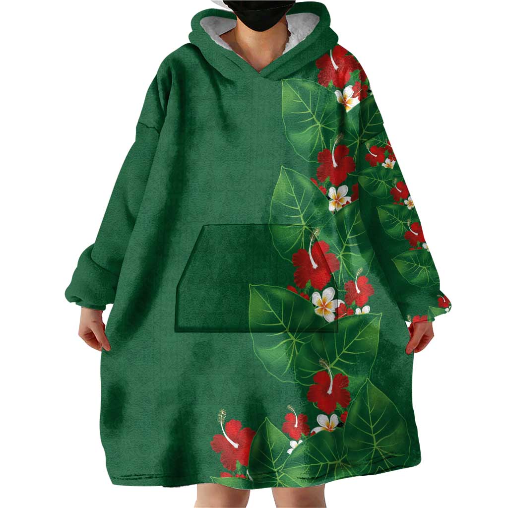 Hawaiian Taro Leaves-Hibiscus and Plumeria Wearable Blanket Hoodie Polynesian Art-Kakau Tattoo Green LT03 - Polynesian Pride