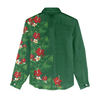 Hawaiian Taro Leaves-Hibiscus and Plumeria Women Casual Shirt Polynesian Art-Kakau Tattoo Green