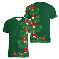 Hawaiian Taro Leaves-Hibiscus and Plumeria Women V-Neck T-Shirt Polynesian Art-Kakau Tattoo Green LT03 - Polynesian Pride