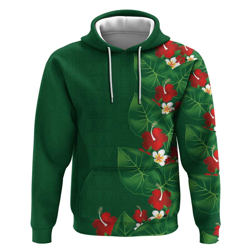 Hawaiian Taro Leaves-Hibiscus and Plumeria Zip Hoodie Polynesian Art-Kakau Tattoo Green LT03 Pullover Hoodie Green - Polynesian Pride