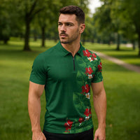 Hawaiian Taro Leaves-Hibiscus and Plumeria Zipper Polo Shirt Polynesian Art-Kakau Tattoo Green LT03 - Polynesian Pride