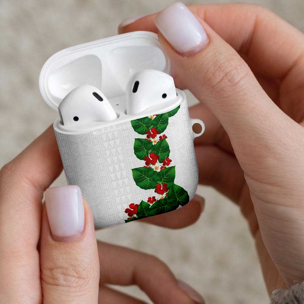 Hawaiian Taro Leaves-Hibiscus and Plumeria AirPods Case Polynesian Art-Kakau Tattoo White
