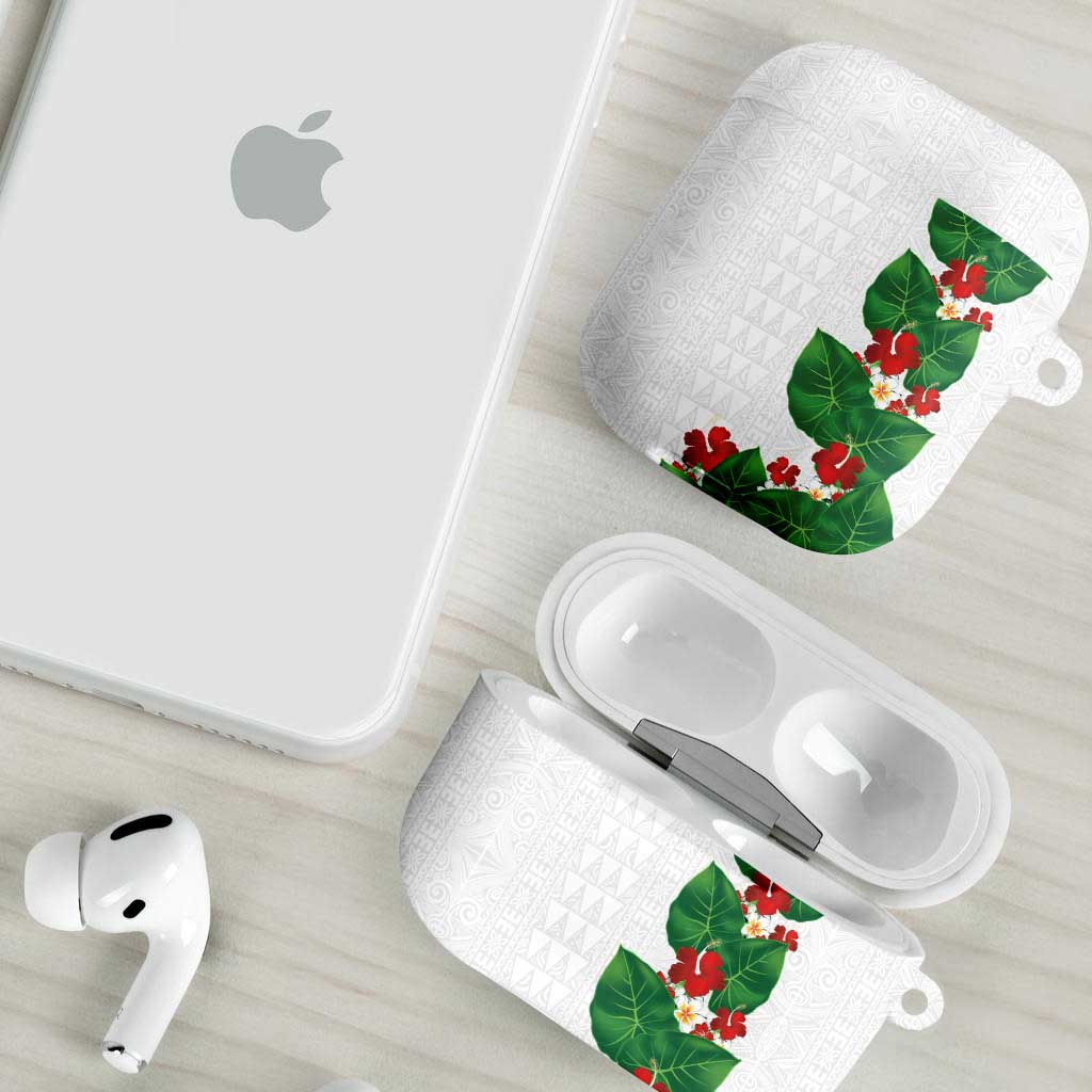 Hawaiian Taro Leaves-Hibiscus and Plumeria AirPods Case Polynesian Art-Kakau Tattoo White