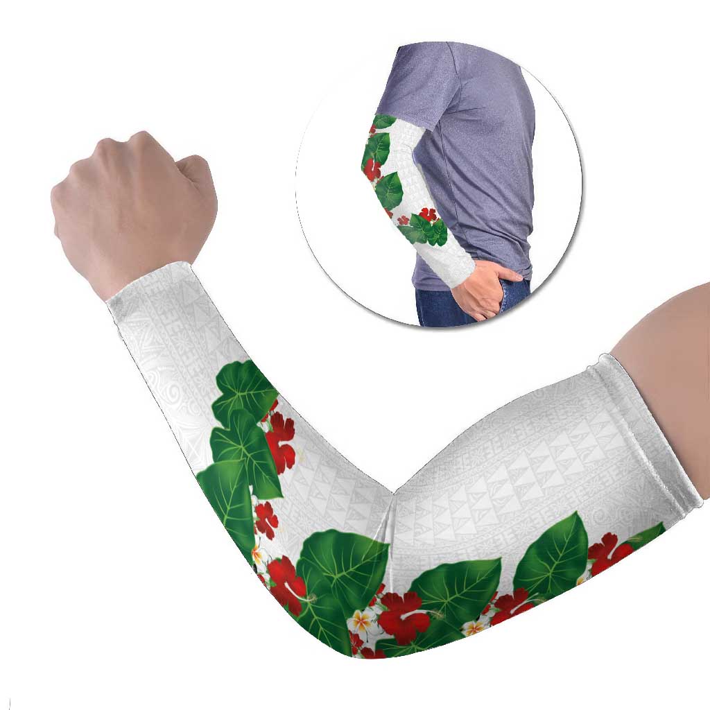 Hawaiian Taro Leaves-Hibiscus and Plumeria Arm Sleeves Polynesian Art-Kakau Tattoo White