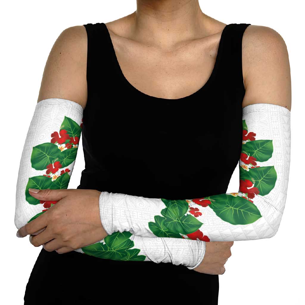 Hawaiian Taro Leaves-Hibiscus and Plumeria Arm Sleeves Polynesian Art-Kakau Tattoo White