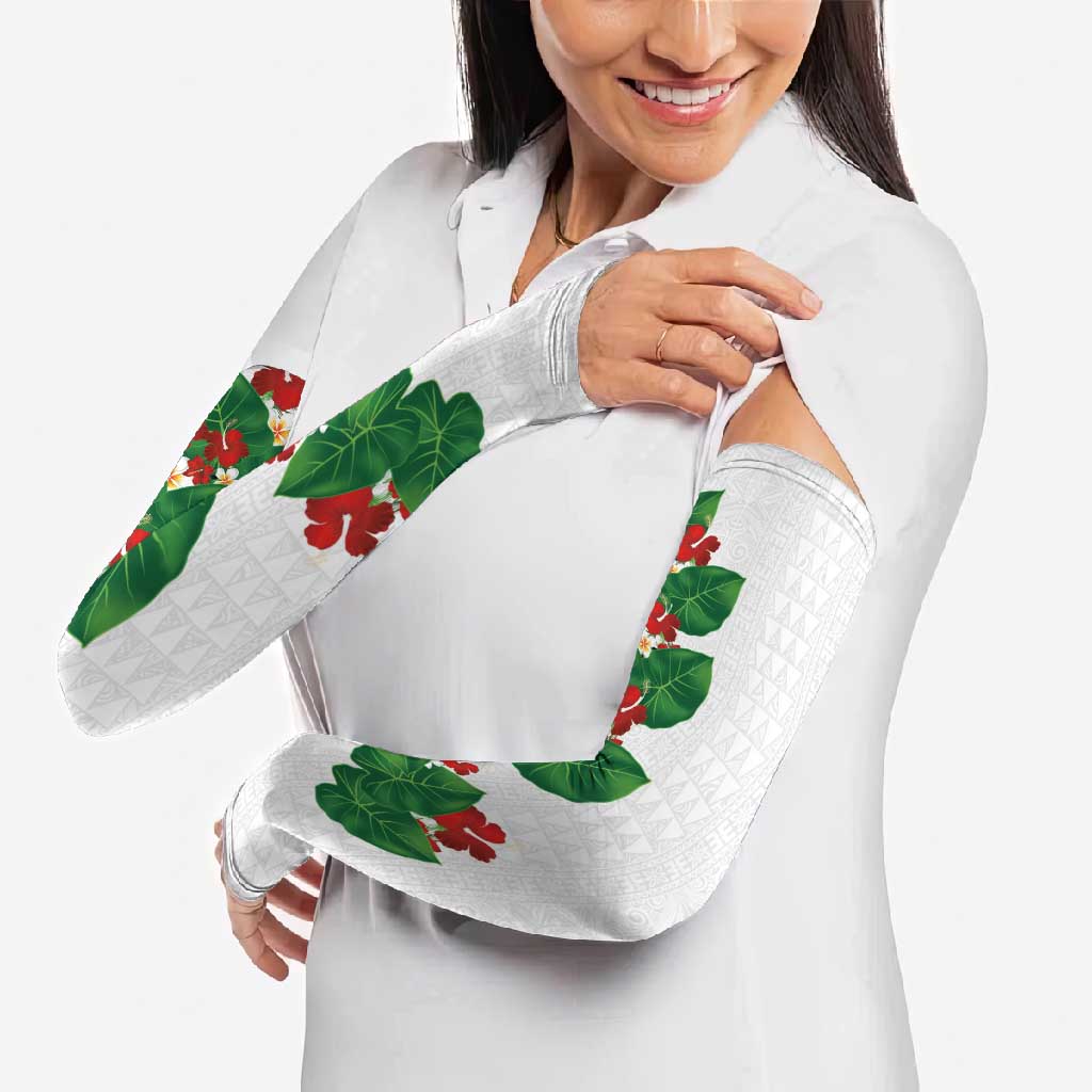 Hawaiian Taro Leaves-Hibiscus and Plumeria Arm Sleeves Polynesian Art-Kakau Tattoo White