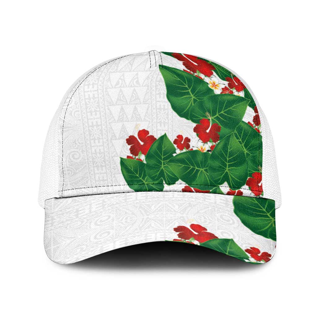 Hawaiian Taro Leaves-Hibiscus and Plumeria Baseball Net Cap Polynesian Art-Kakau Tattoo White