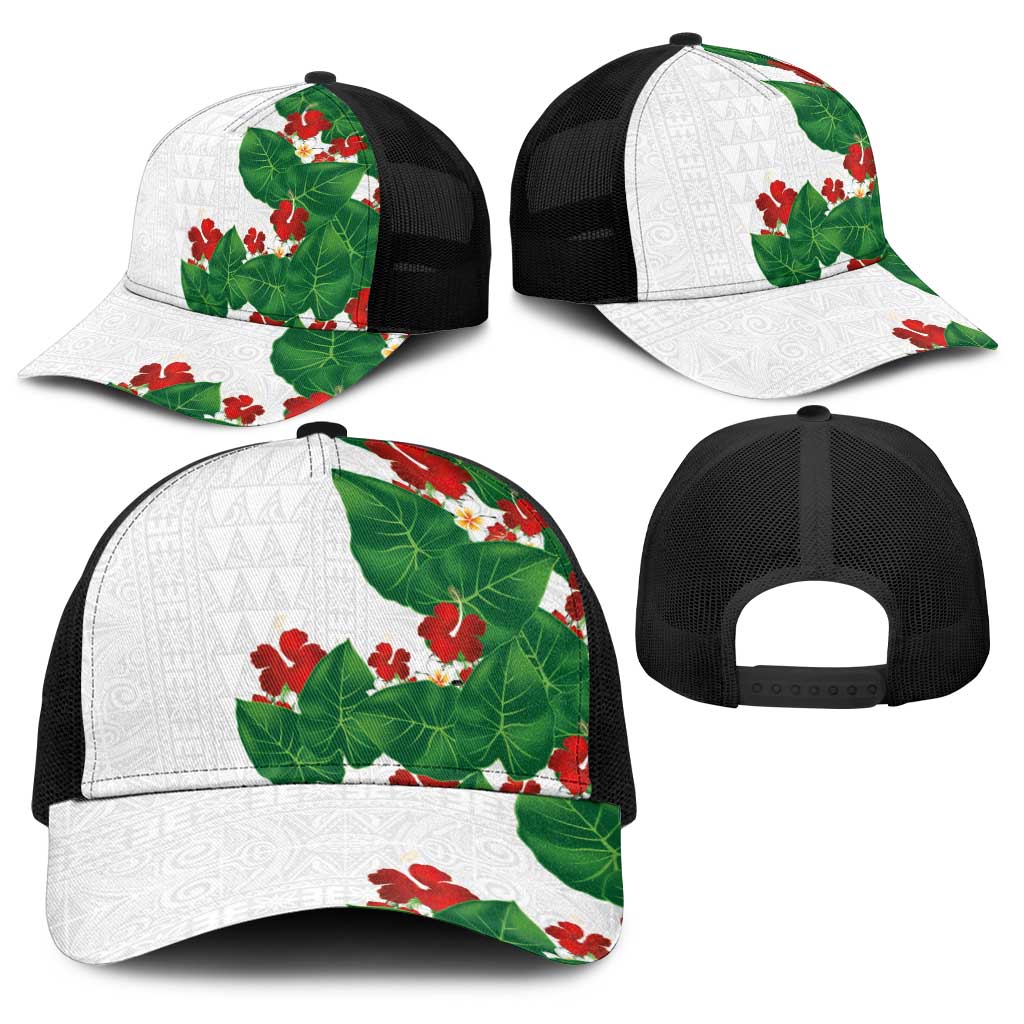 Hawaiian Taro Leaves-Hibiscus and Plumeria Baseball Net Cap Polynesian Art-Kakau Tattoo White