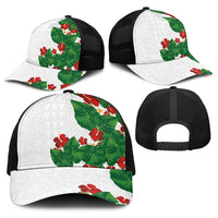 Hawaiian Taro Leaves-Hibiscus and Plumeria Baseball Net Cap Polynesian Art-Kakau Tattoo White