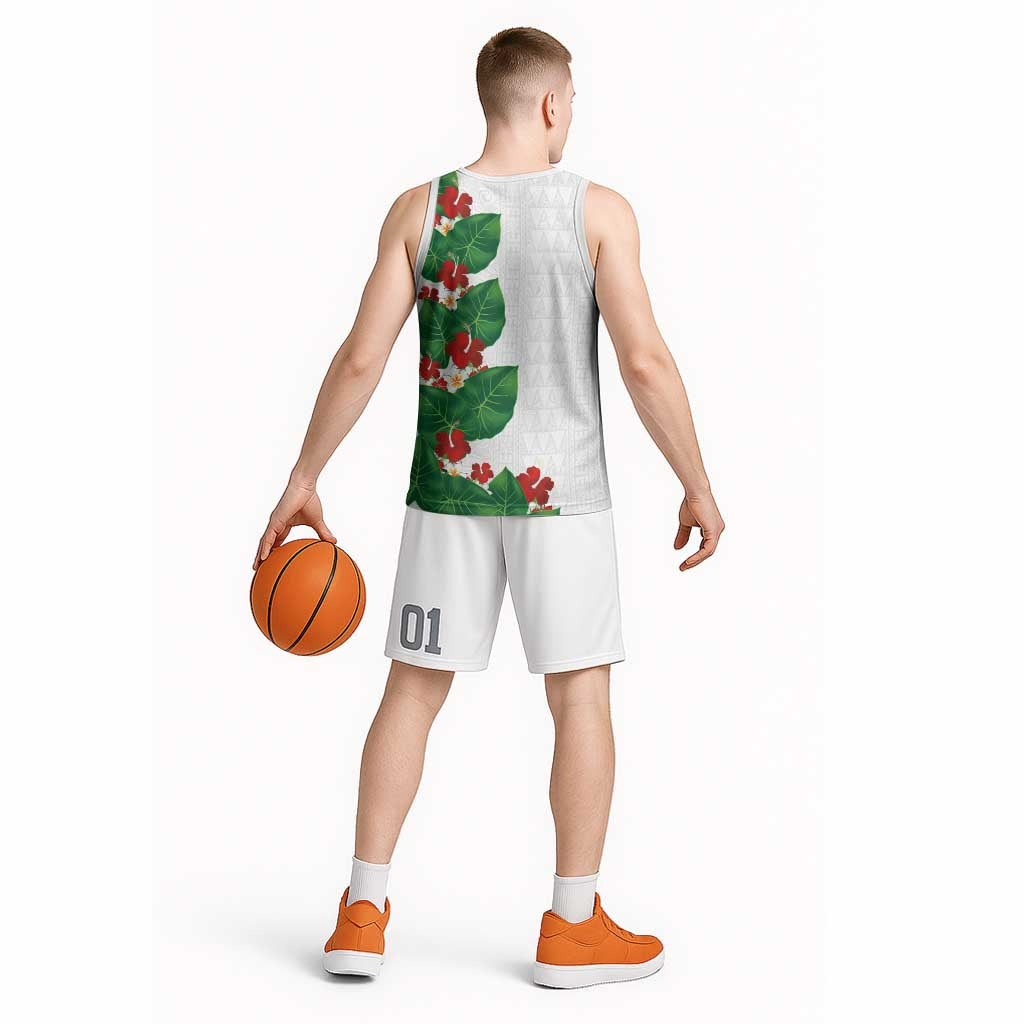 Hawaiian Taro Leaves-Hibiscus and Plumeria Basketball Jersey Polynesian Art-Kakau Tattoo White LT03 - Polynesian Pride