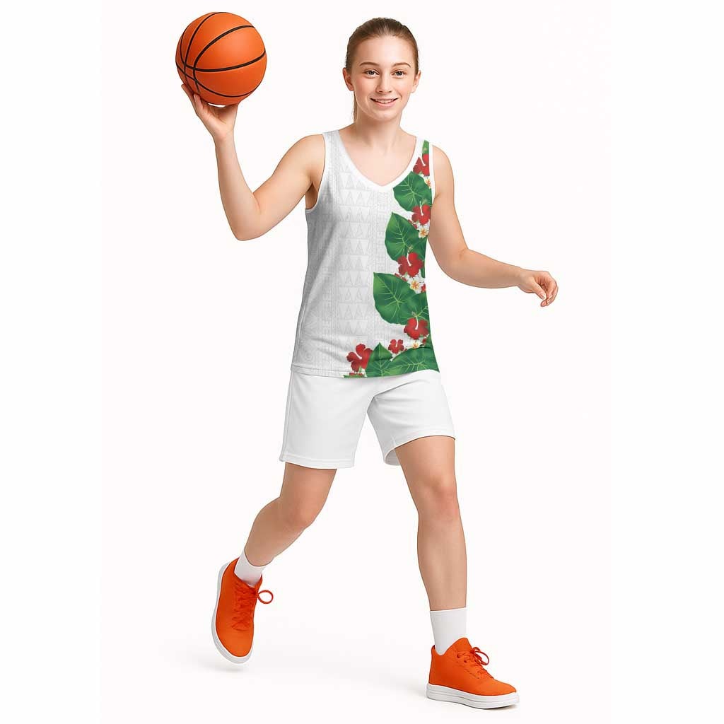 Hawaiian Taro Leaves-Hibiscus and Plumeria Basketball Jersey Polynesian Art-Kakau Tattoo White LT03 - Polynesian Pride