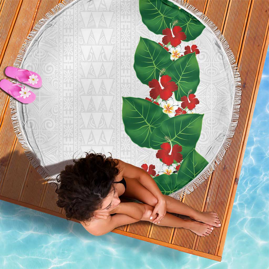 Hawaiian Taro Leaves-Hibiscus and Plumeria Beach Blanket Polynesian Art-Kakau Tattoo White