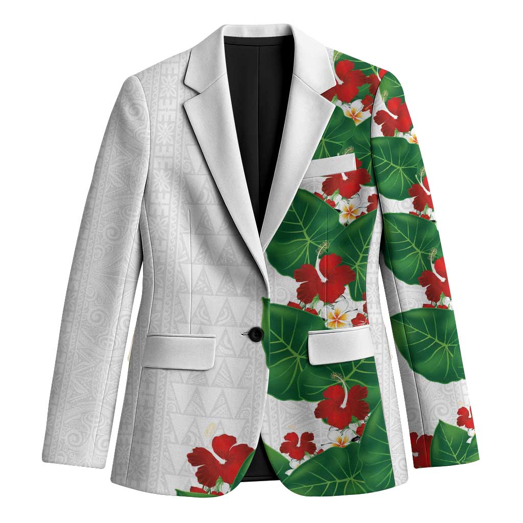 Hawaiian Taro Leaves-Hibiscus and Plumeria Blazer Polynesian Art-Kakau Tattoo White