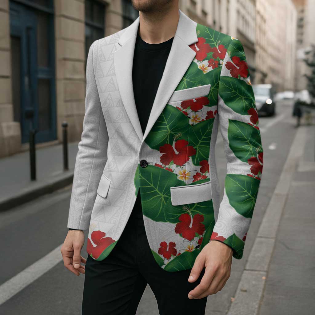 Hawaiian Taro Leaves-Hibiscus and Plumeria Blazer Polynesian Art-Kakau Tattoo White