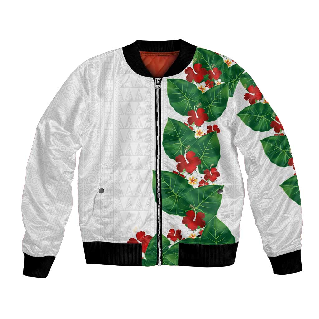 Hawaiian Taro Leaves-Hibiscus and Plumeria Bomber Jacket Polynesian Art-Kakau Tattoo White