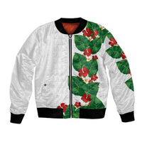 Hawaiian Taro Leaves-Hibiscus and Plumeria Bomber Jacket Polynesian Art-Kakau Tattoo White