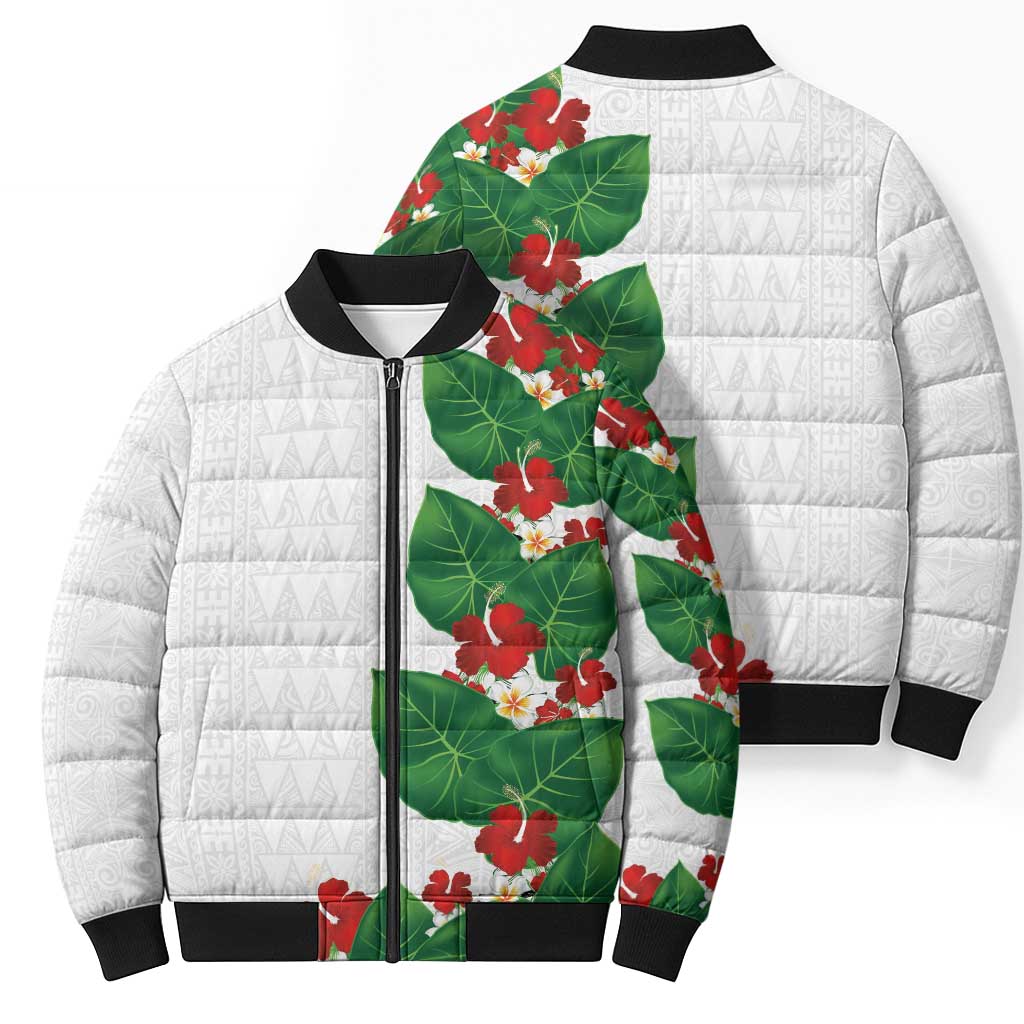 Hawaiian Taro Leaves-Hibiscus and Plumeria Bomber Puffer Jacket Polynesian Art-Kakau Tattoo White