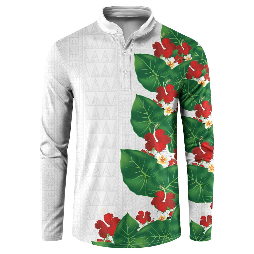 Hawaiian Taro Leaves-Hibiscus and Plumeria Button Sweatshirt Polynesian Art-Kakau Tattoo White